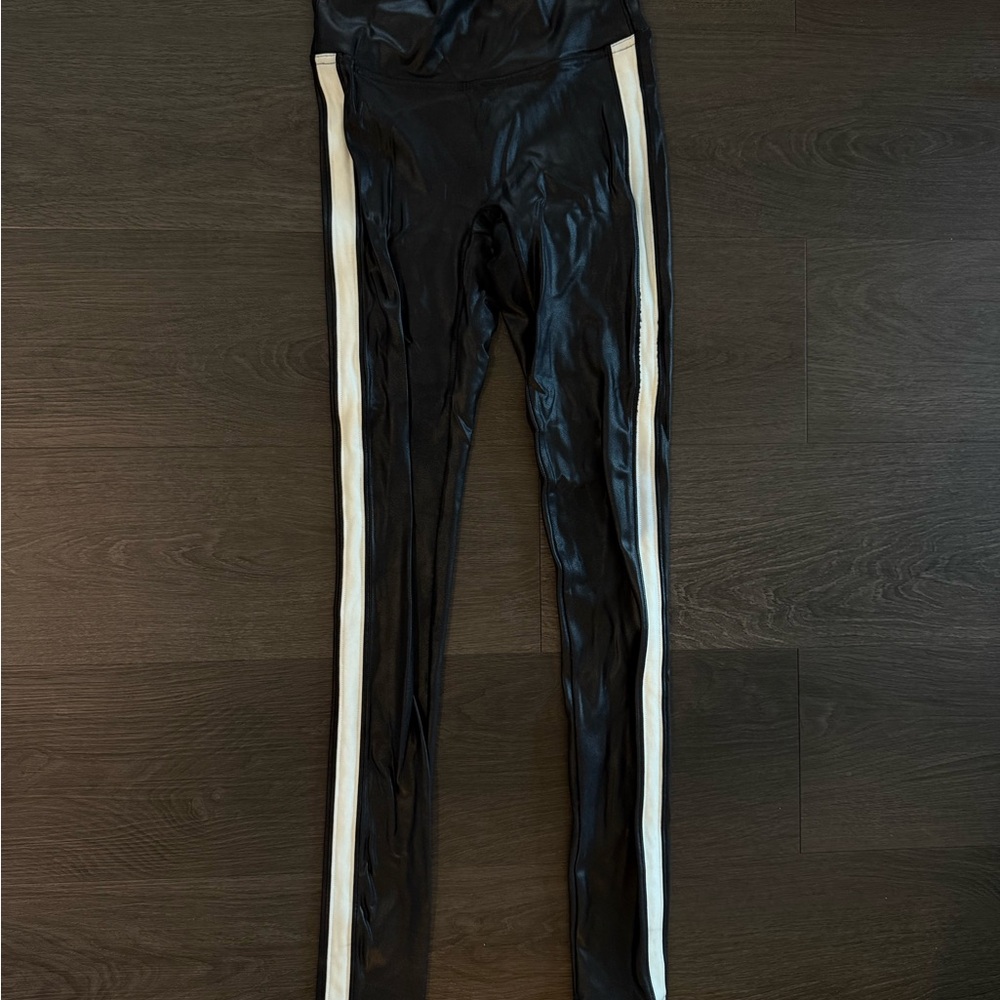 SPANX Faux Leather Black Leggings with White Stripes